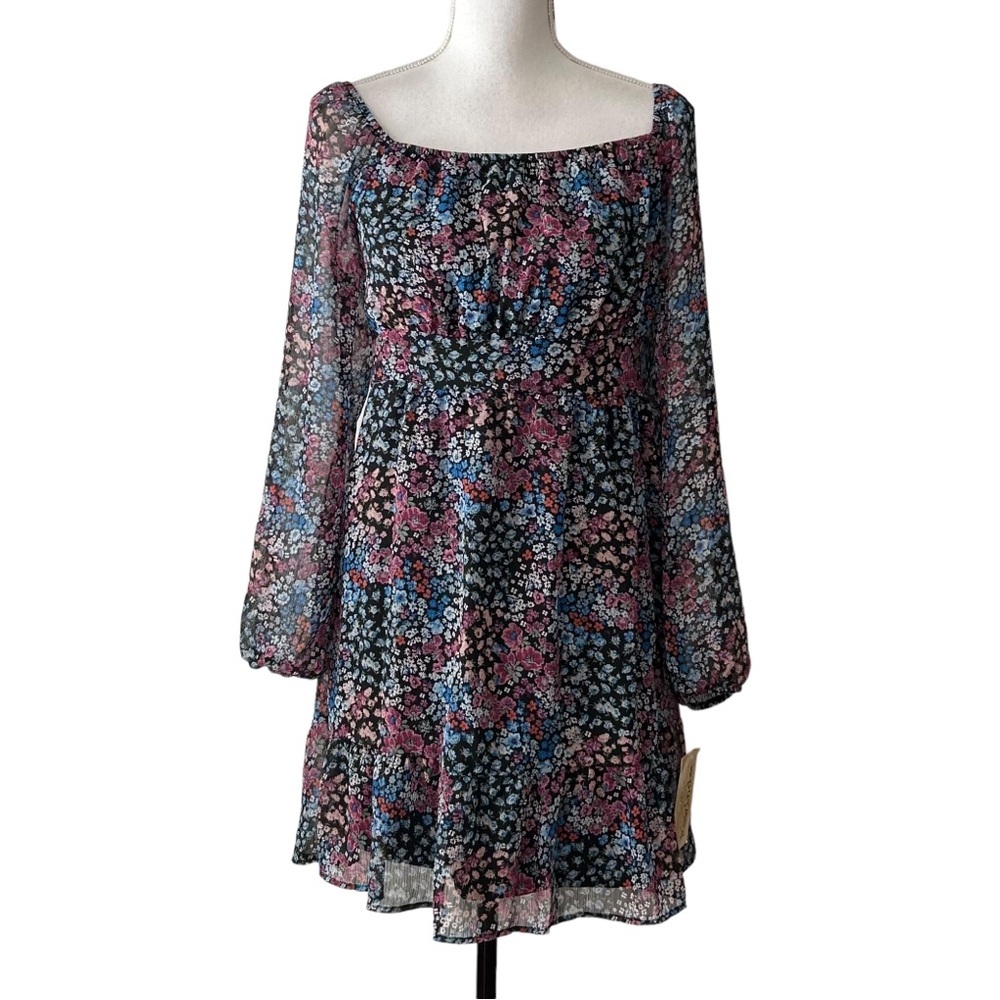 Rewind Long Sleeve Open Tie back Floral Fit & Flare SZ Large Black‎ Cottagecore